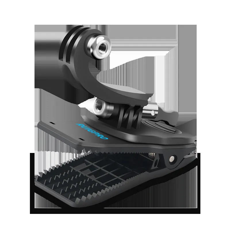 Black 360-degree rotating backpack clip mount for GoPro and action cameras, showing aluminium alloy and ABS construction.