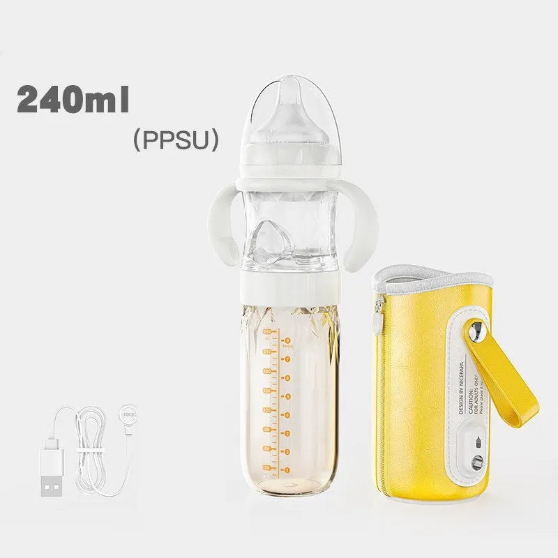 Baby constant temperature glass feeding bottle with USB heating sleeve and handle 240ml