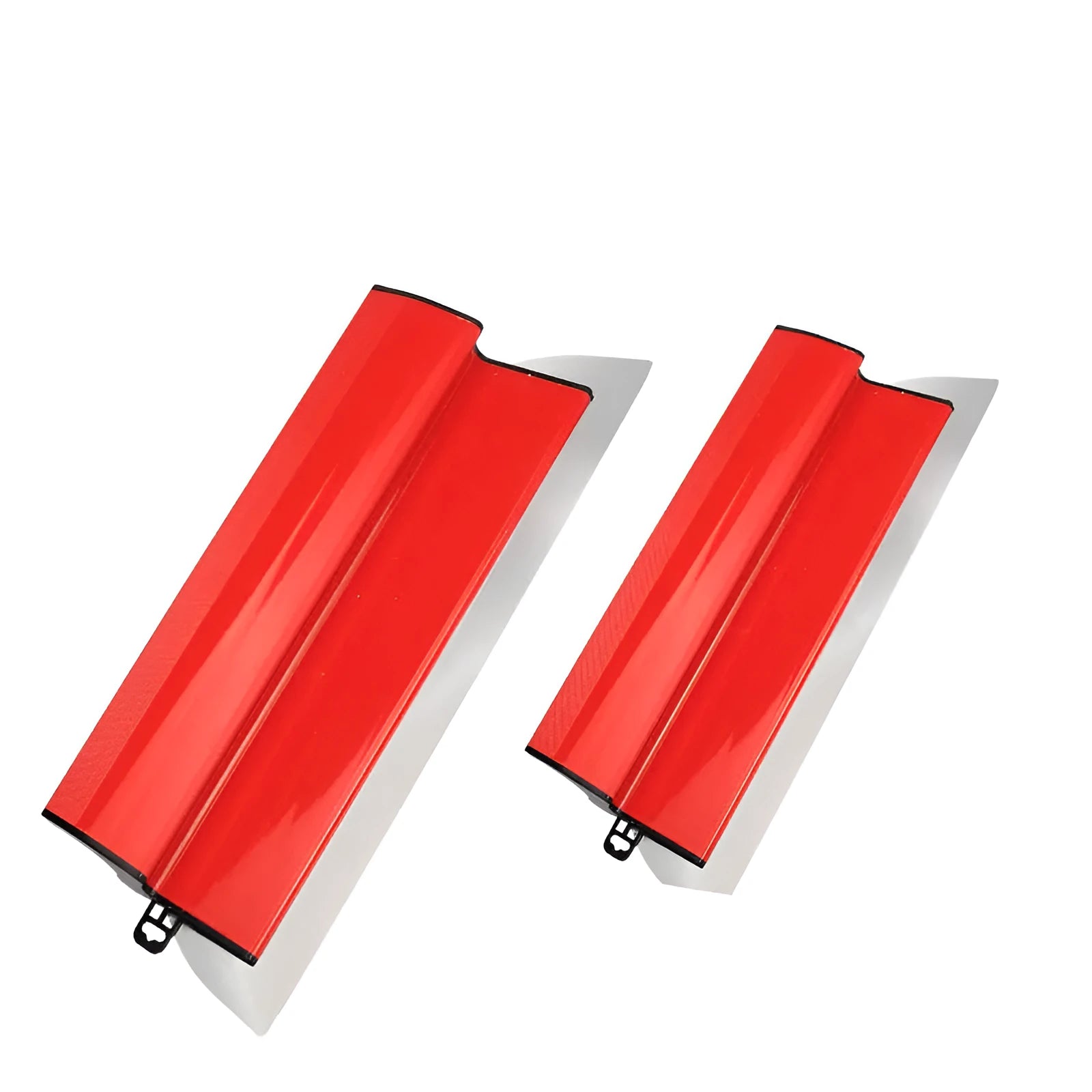 Red 40cm long steel levelling scraper tool for wall putty and wallpaper.