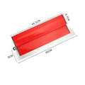 Red 40cm long steel levelling scraper tool for wall putty and wallpaper.