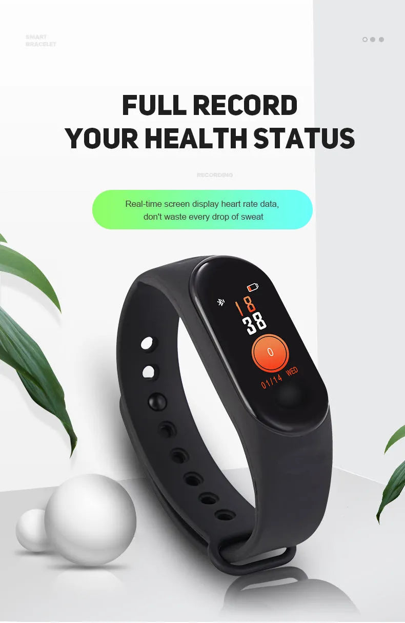 M3 Smart Bracelet with colour screen showing fitness metrics on wrist