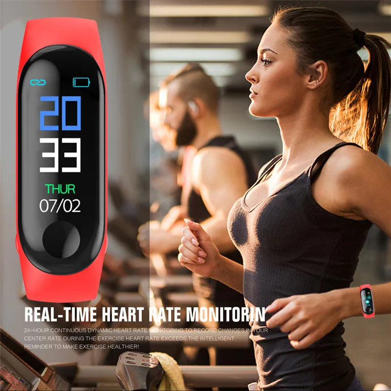 M3 Smart Bracelet with colour screen showing fitness metrics on wrist