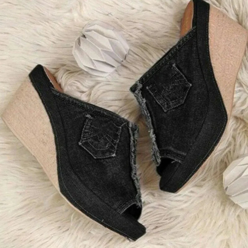 Summer women's canvas wedge sandals in black, fish mouth open toe, platform high heel