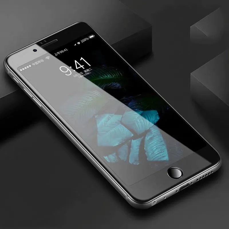 Three-pack of full coverage tempered glass screen protectors for iPhone 6, 7, 8 and Plus models in black and white.
