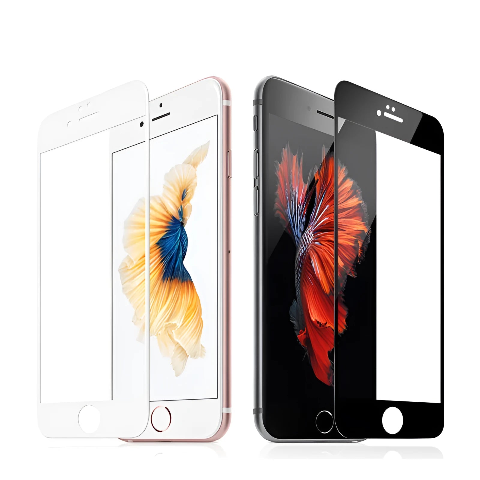 Three-pack of full coverage tempered glass screen protectors for iPhone 6, 7, 8 and Plus models in black and white.