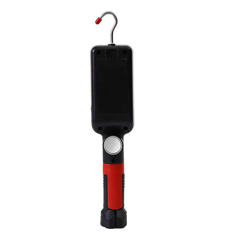 Red COB flashlight with magnetic hook showing dimensions and USB charging port