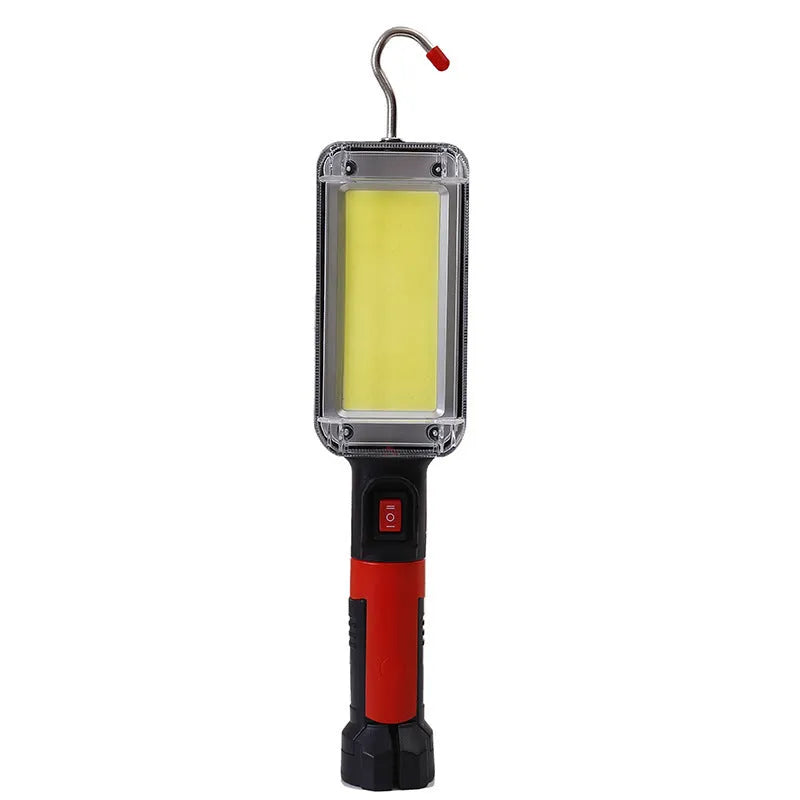 Red COB flashlight with magnetic hook showing dimensions and USB charging port