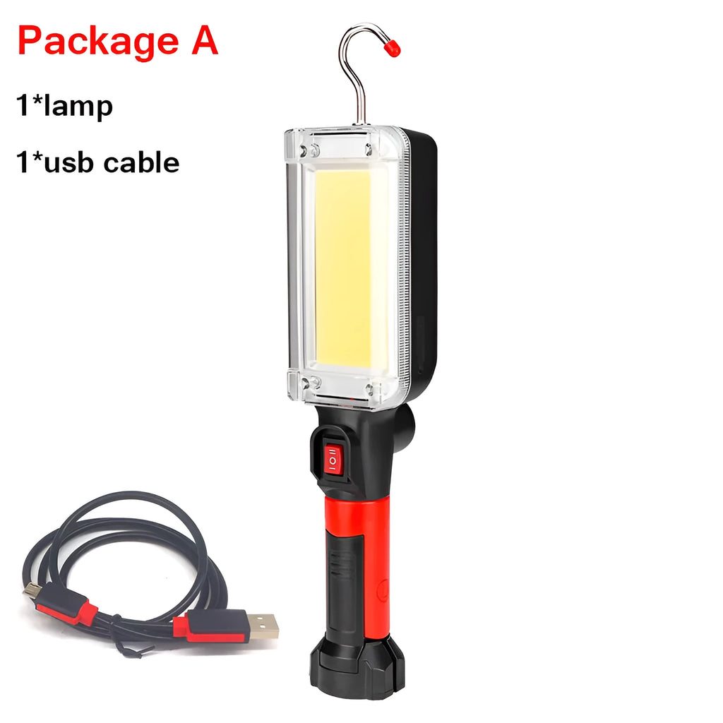 Red COB flashlight with magnetic hook showing dimensions and USB charging port