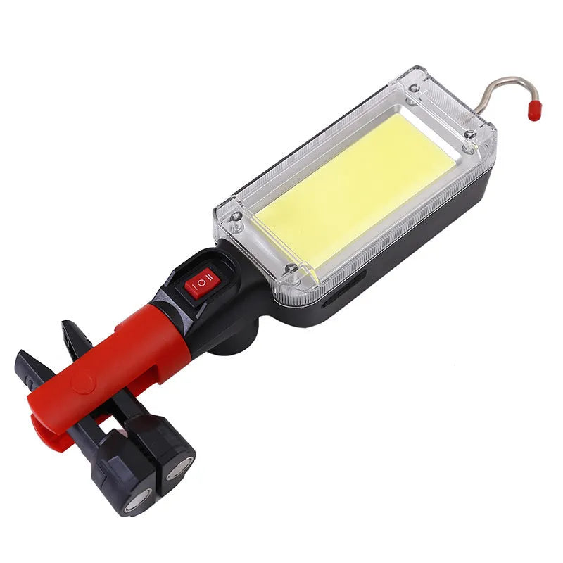 Red COB flashlight with magnetic hook showing dimensions and USB charging port