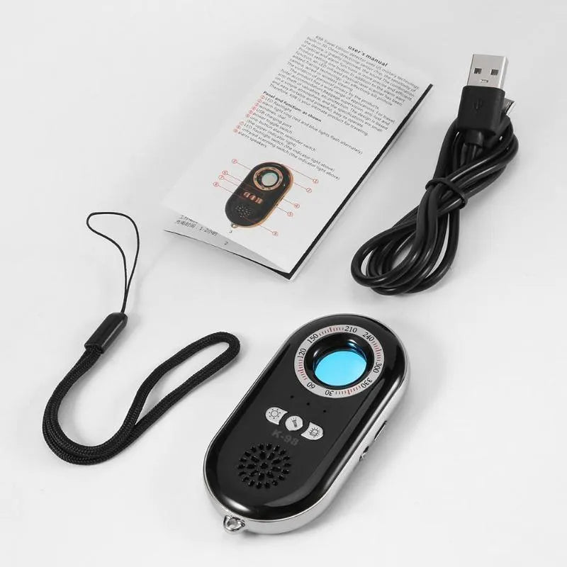 Compact rectangular wireless security alarm detector with USB port on a flat surface.