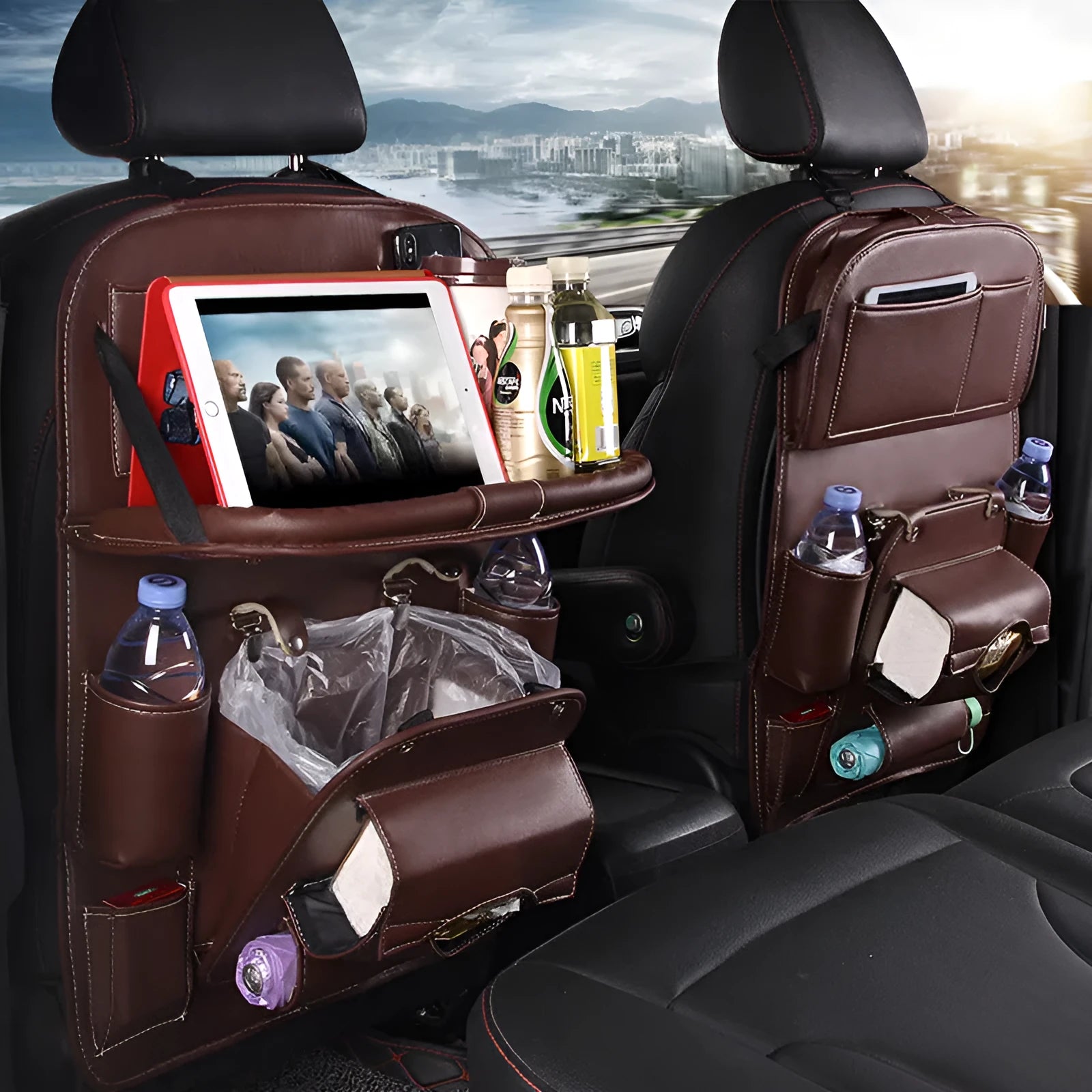 PU leather car storage hanging bag with multiple pockets and tissue box compartment in various colour options