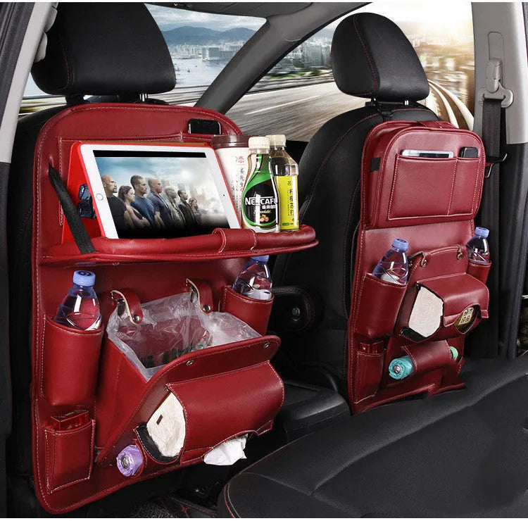 PU leather car storage hanging bag with multiple pockets and tissue box compartment in various colour options