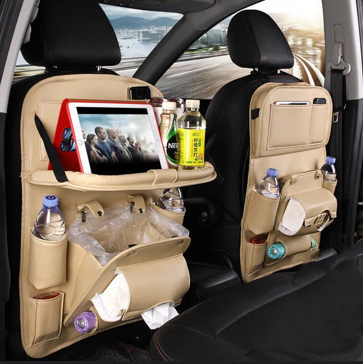 PU leather car storage hanging bag with multiple pockets and tissue box compartment in various colour options