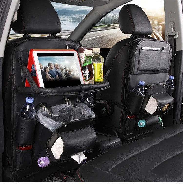 PU leather car storage hanging bag with multiple pockets and tissue box compartment in various colour options