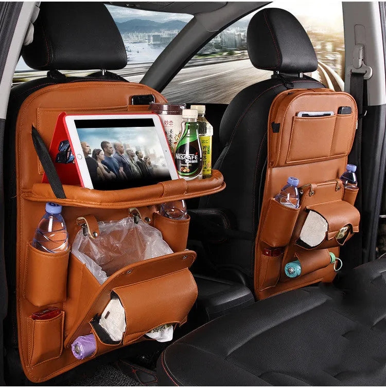 PU leather car storage hanging bag with multiple pockets and tissue box compartment in various colour options