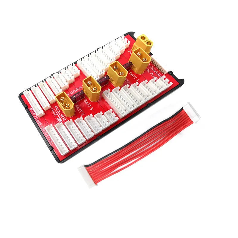 Red RC parallel charging balance adapter board with four sets of T plug and balance port connectors.