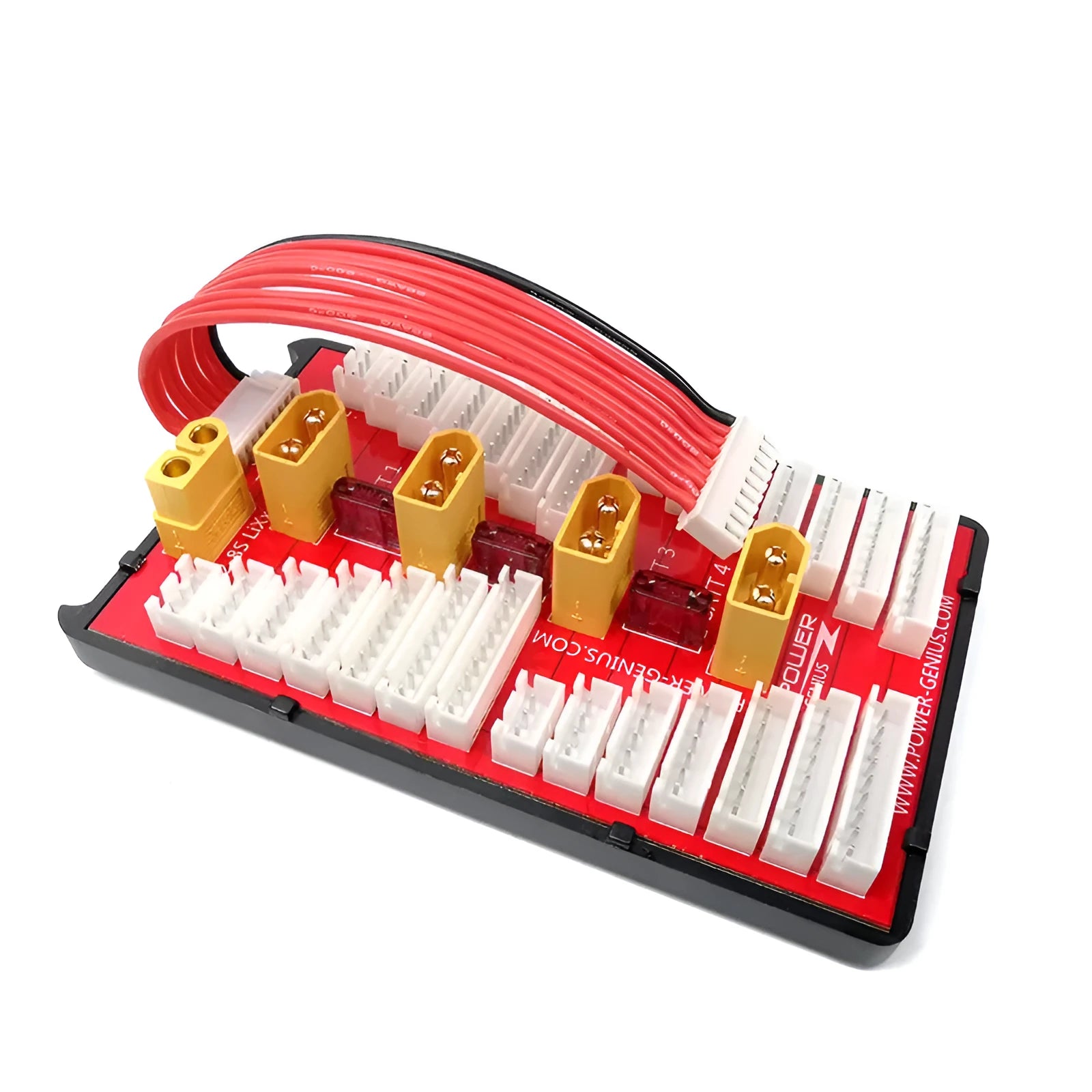 Red RC parallel charging balance adapter board with four sets of T plug and balance port connectors.
