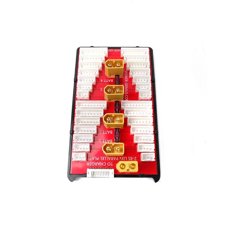 Red RC parallel charging balance adapter board with four sets of T plug and balance port connectors.