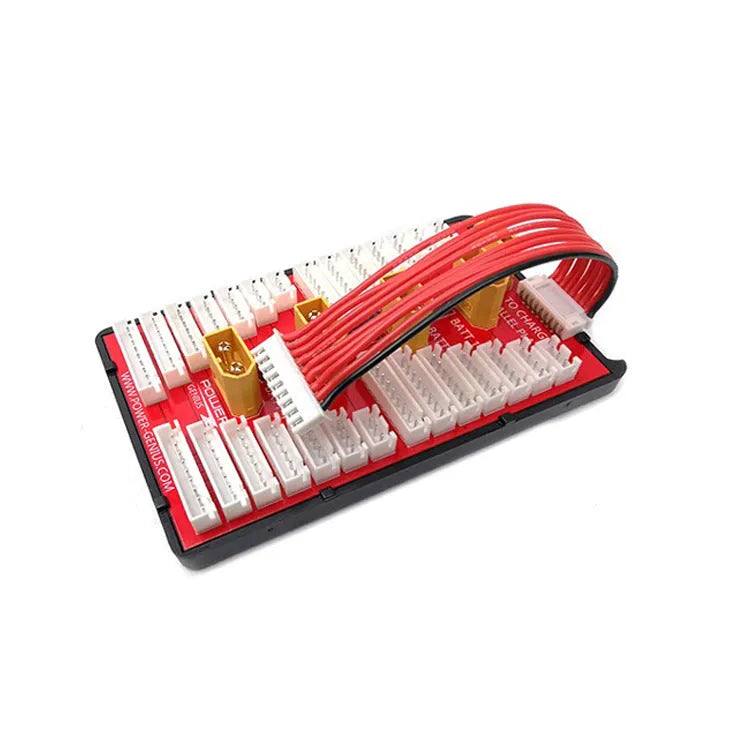 Red RC parallel charging balance adapter board with four sets of T plug and balance port connectors.