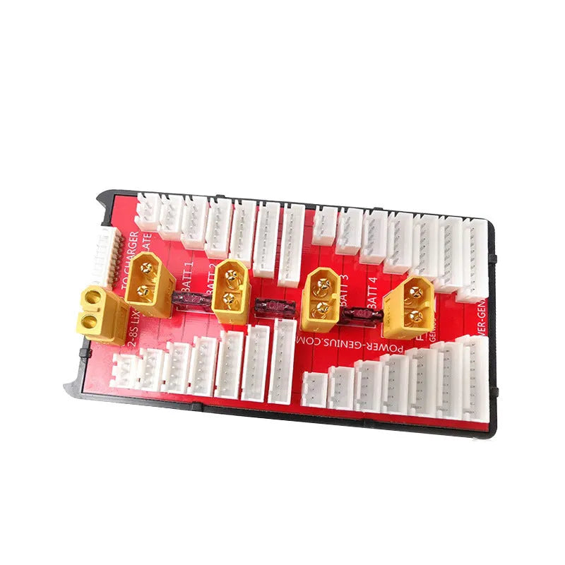 Red RC parallel charging balance adapter board with four sets of T plug and balance port connectors.