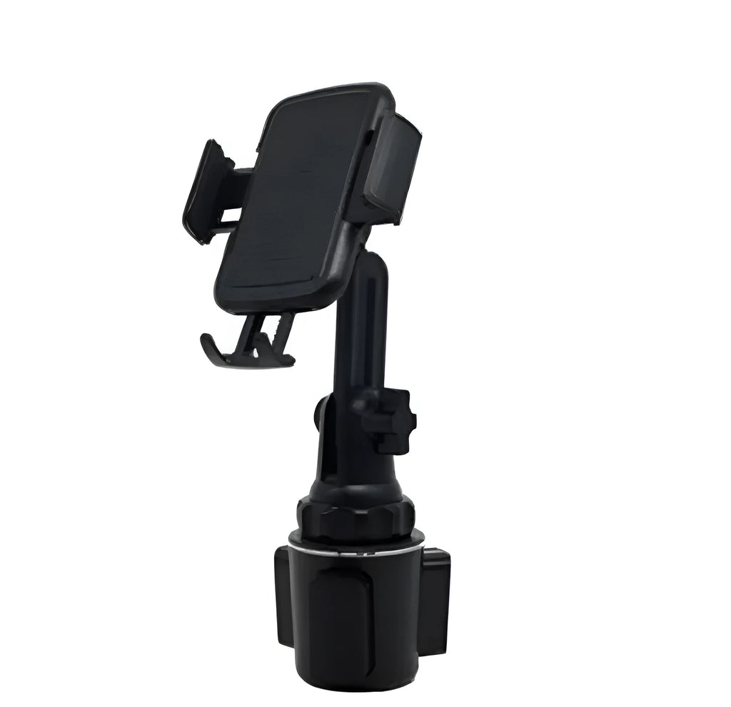 Black car phone holder with 360° rotating head and adjustable height for mobile phones