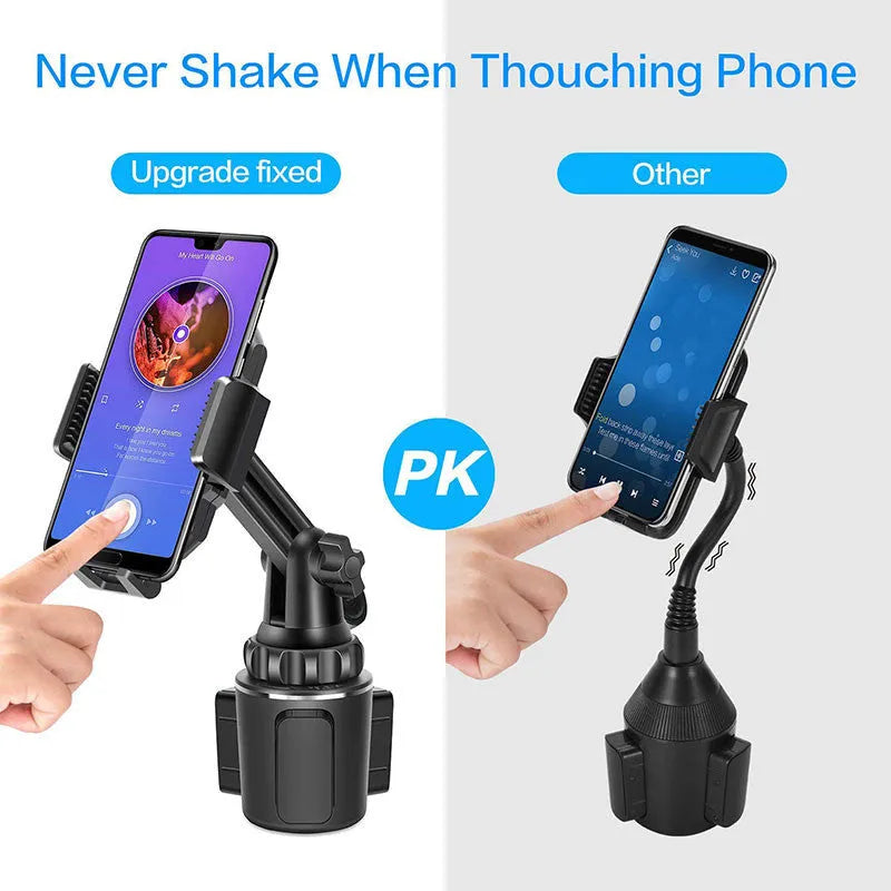 Black car phone holder with 360° rotating head and adjustable height for mobile phones