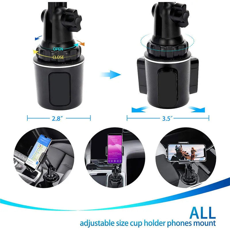 Black car phone holder with 360° rotating head and adjustable height for mobile phones