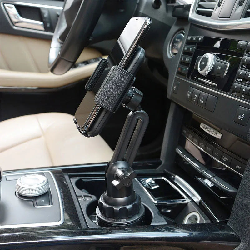 Black car phone holder with 360° rotating head and adjustable height for mobile phones