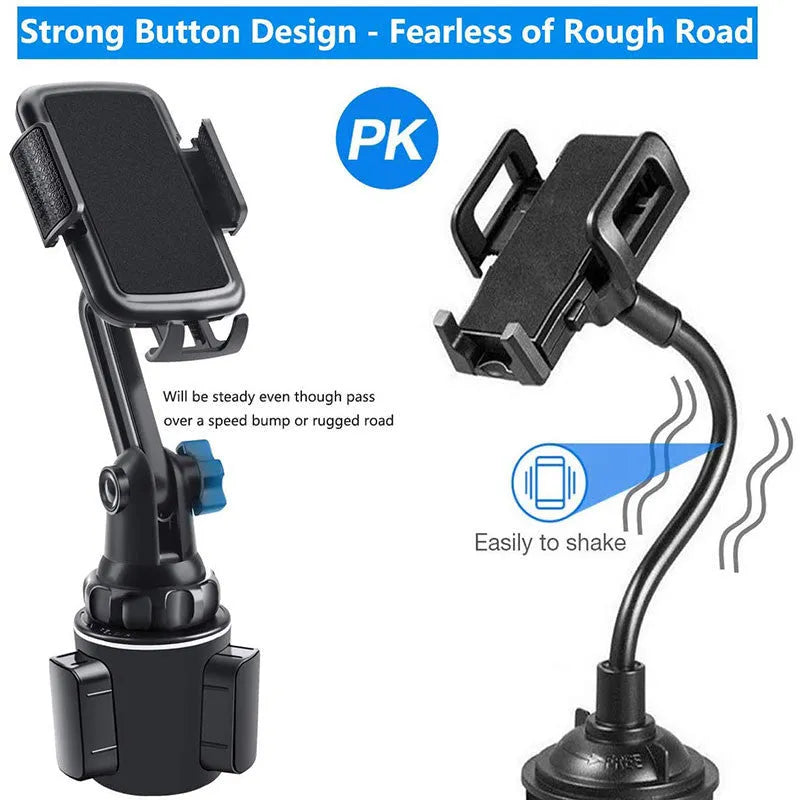 Black car phone holder with 360° rotating head and adjustable height for mobile phones