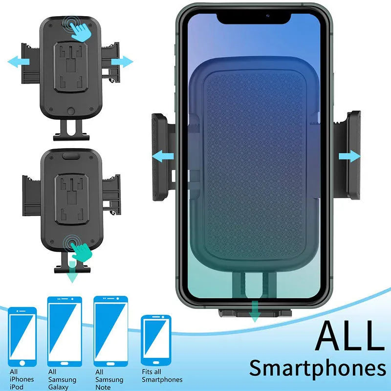 Black car phone holder with 360° rotating head and adjustable height for mobile phones