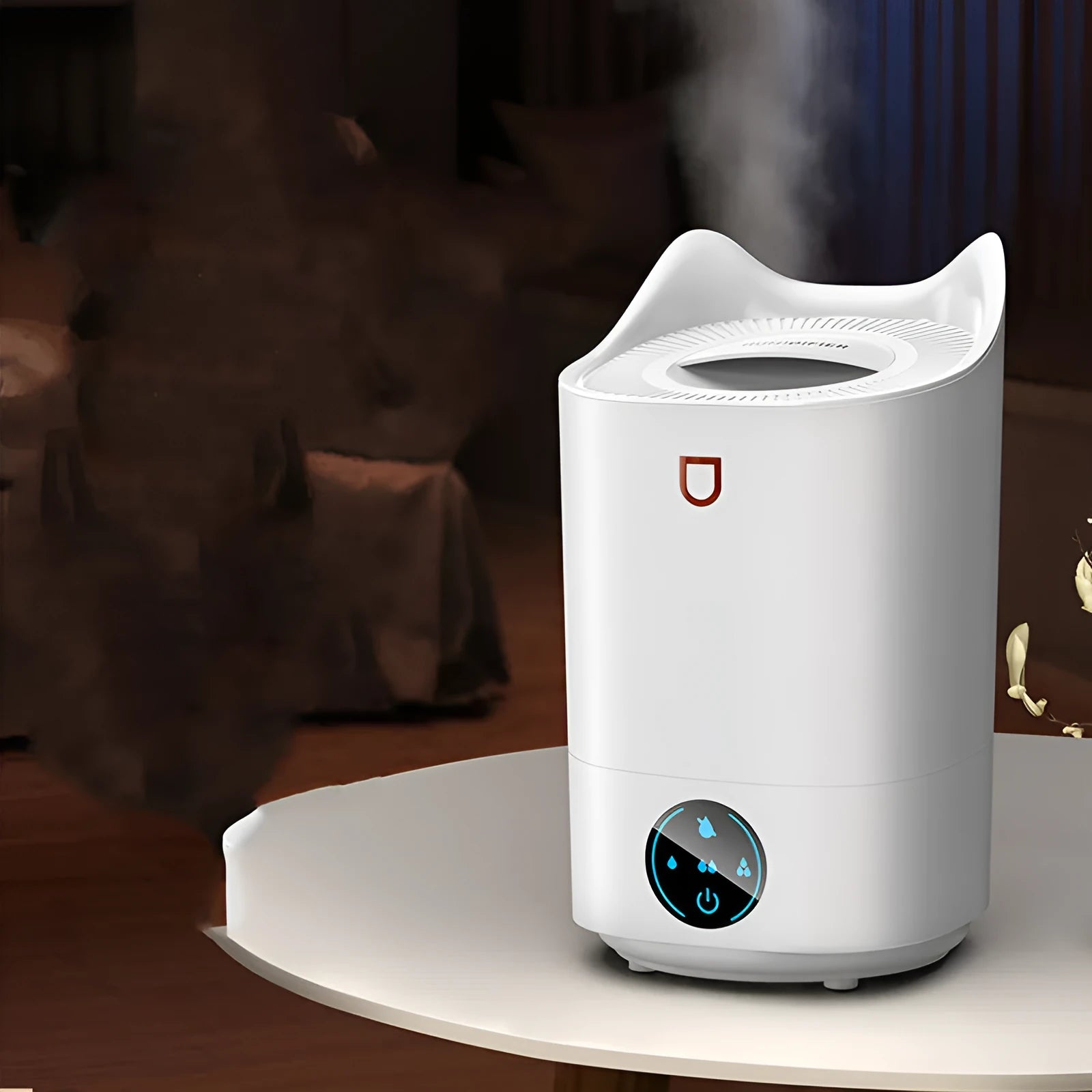 USB-powered double spray humidifier diffuser in coral pink or white with three fog outlets.
