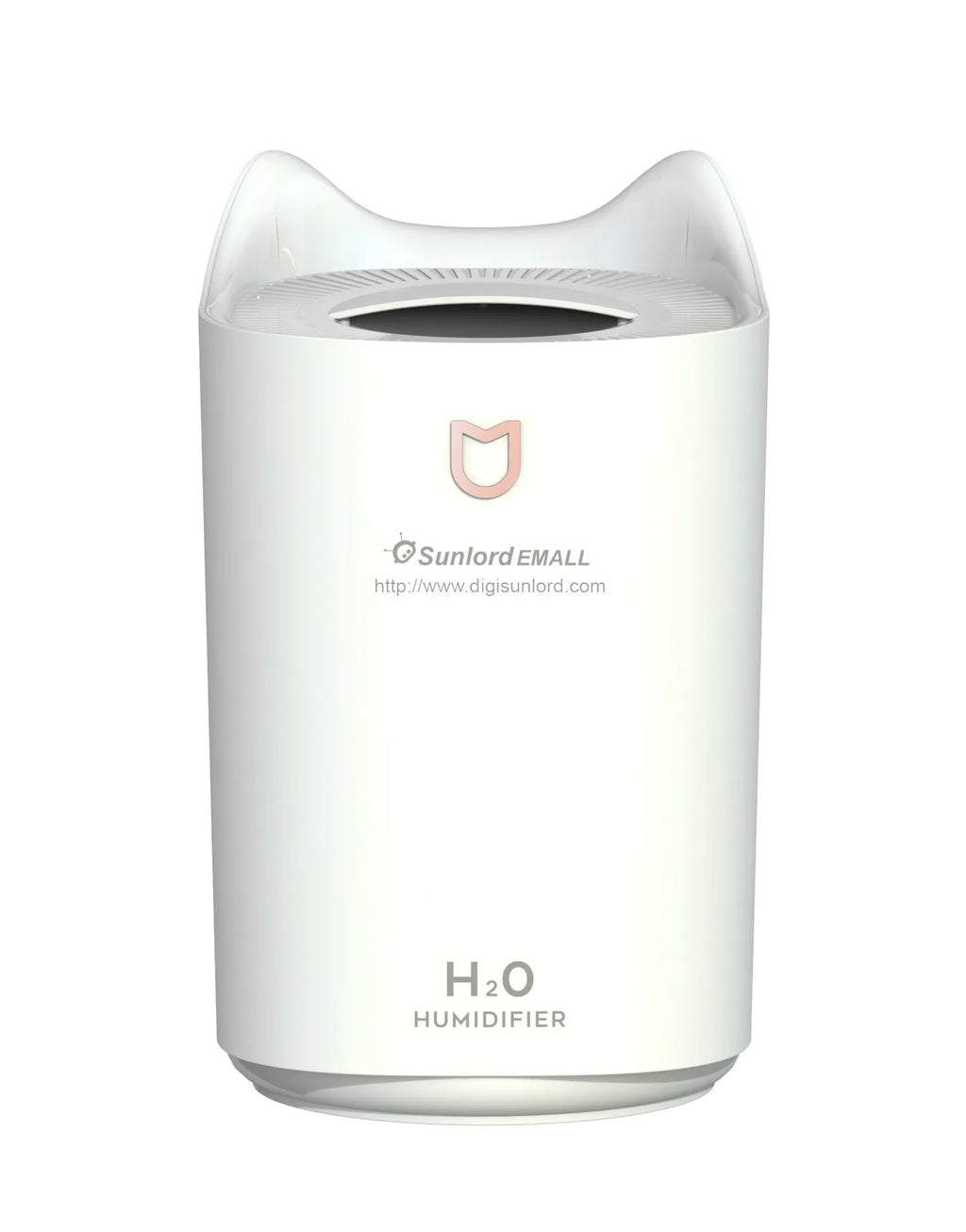 USB-powered double spray humidifier diffuser in coral pink or white with three fog outlets.