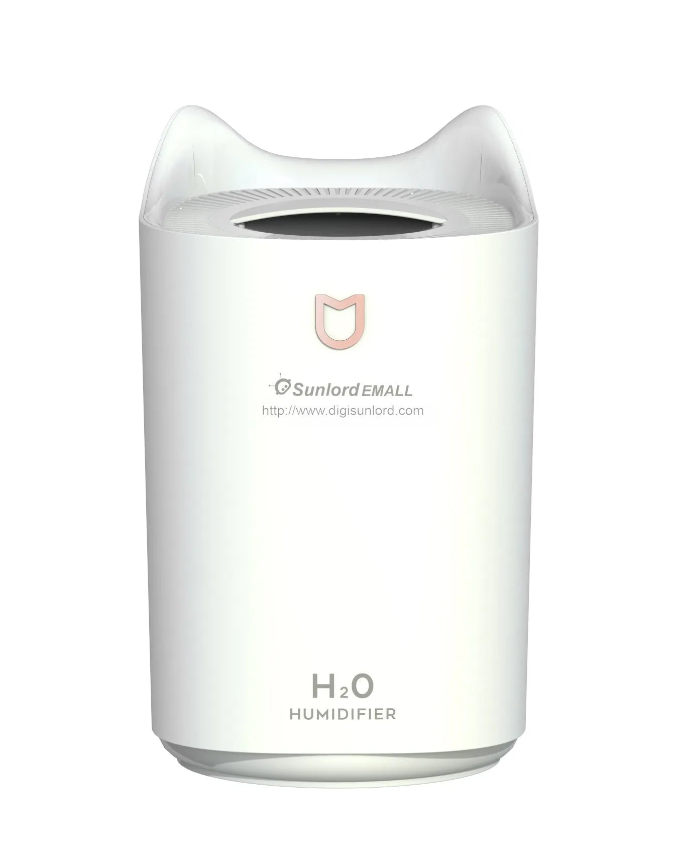 USB-powered double spray humidifier diffuser in coral pink or white with three fog outlets.
