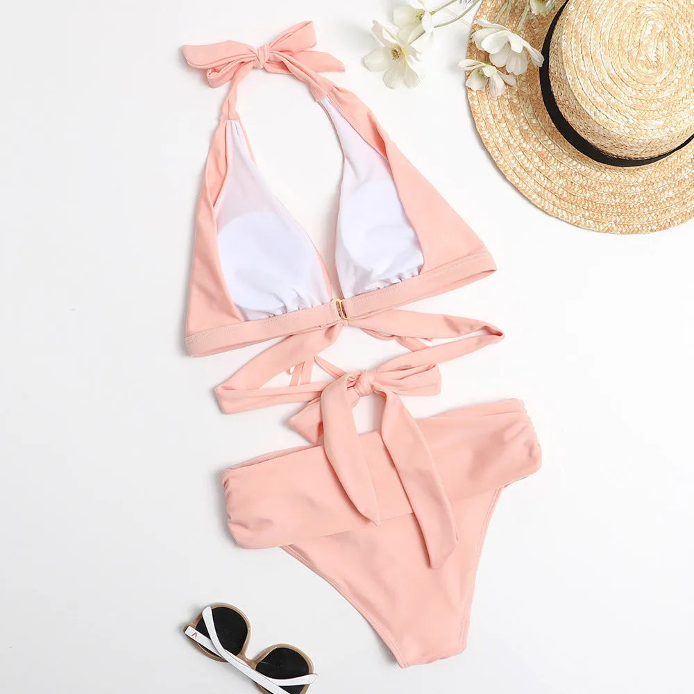 Sexy high waist split bikini in black with chest pad and solid colour design for swimming