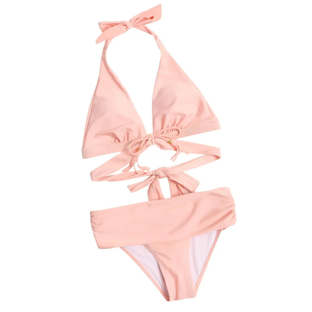 Sexy high waist split bikini in black with chest pad and solid colour design for swimming