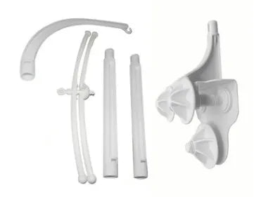 White plastic baby stroller ornament bracket measuring 95cm high and 17cm wide for attaching toys