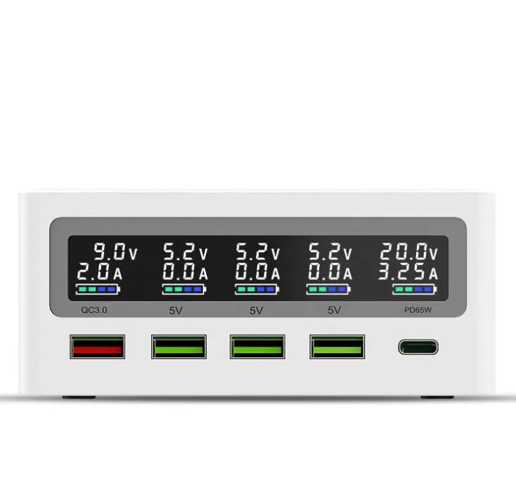 PD65W 5-port USB and wireless laptop mobile phone charger with interchangeable travel plug adapters
