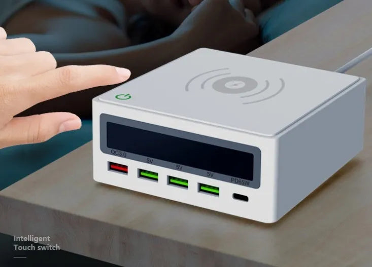 PD65W 5-port USB and wireless laptop mobile phone charger with interchangeable travel plug adapters