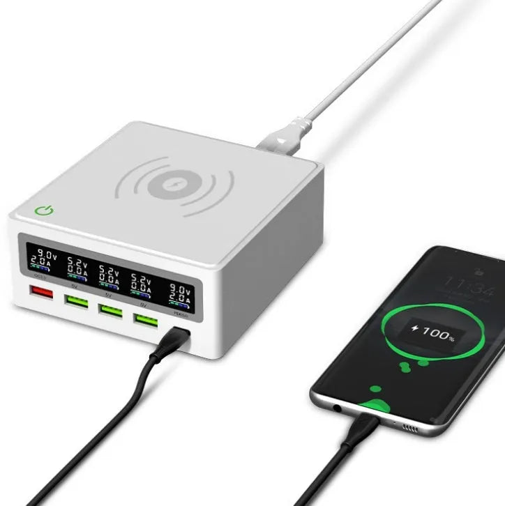 PD65W 5-port USB and wireless laptop mobile phone charger with interchangeable travel plug adapters