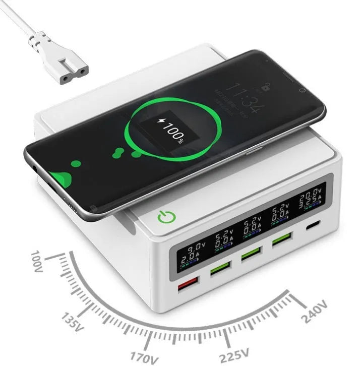 PD65W 5-port USB and wireless laptop mobile phone charger with interchangeable travel plug adapters