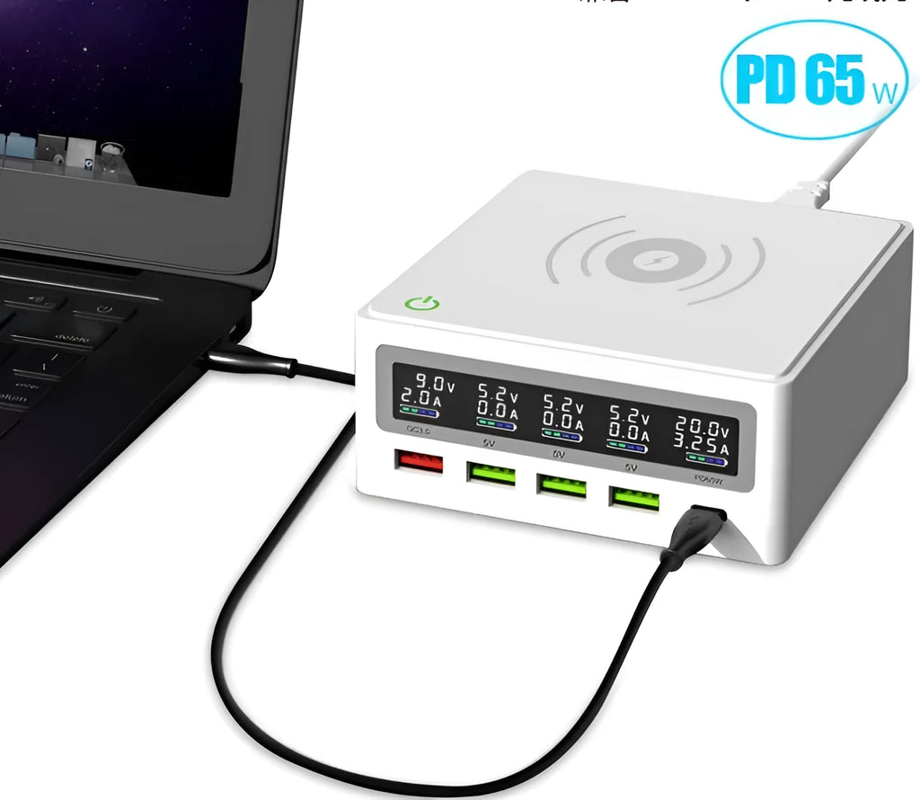 PD65W 5-port USB and wireless laptop mobile phone charger with interchangeable travel plug adapters