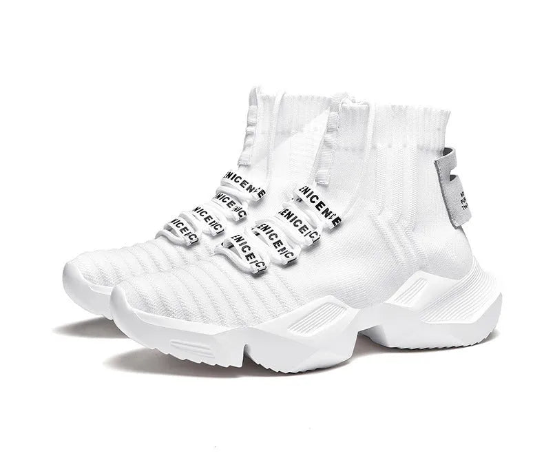 Men's black and white casual sports shoes showing mesh lining and available in sizes 39 to 47