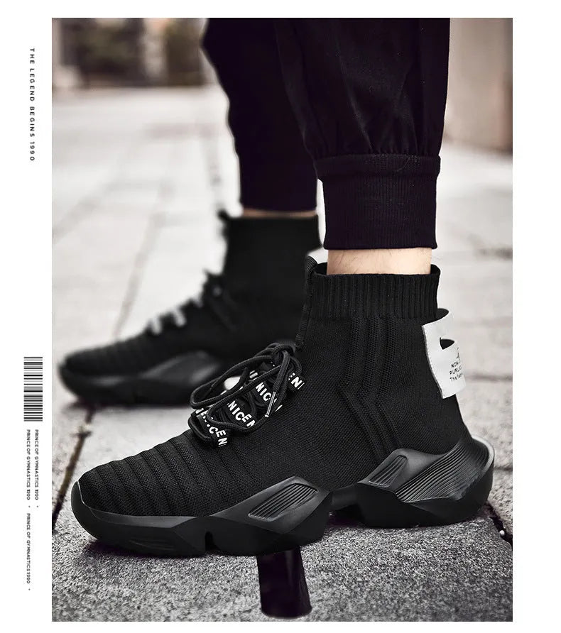 Men's black and white casual sports shoes showing mesh lining and available in sizes 39 to 47