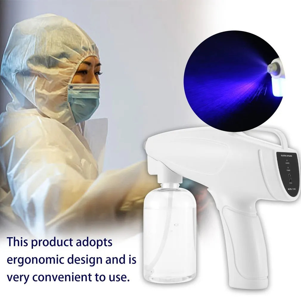 White handheld wireless electric disinfection spray gun with USB-C charging port.