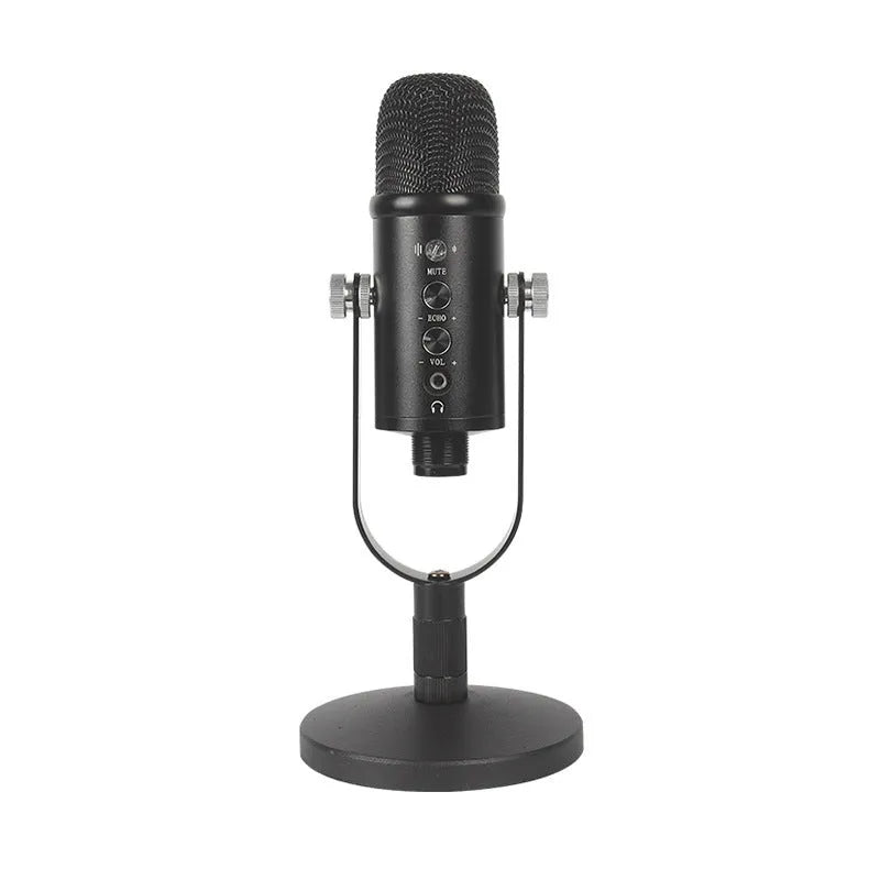 Black USB condenser microphone on metal base with sponge cover for live streaming and recording
