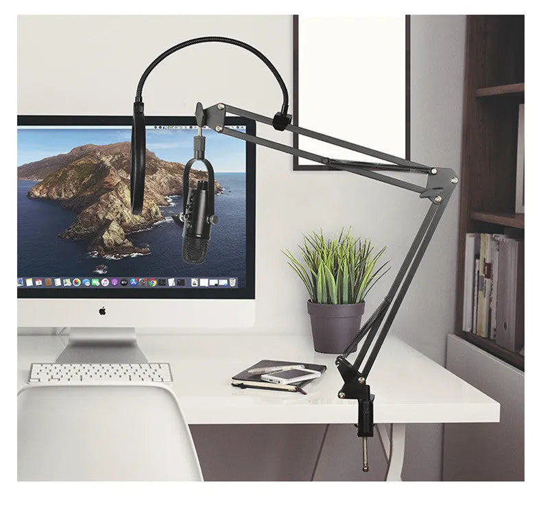 Black USB condenser microphone on metal base with sponge cover for live streaming and recording