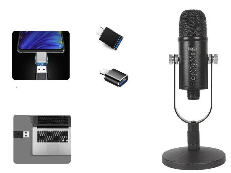 Black USB condenser microphone on metal base with sponge cover for live streaming and recording