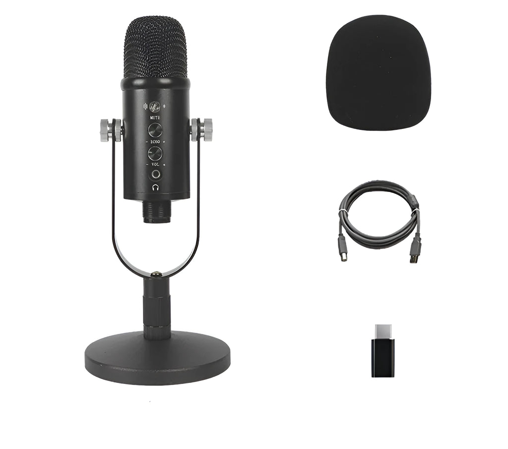 Black USB condenser microphone on metal base with sponge cover for live streaming and recording