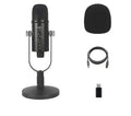 Black USB condenser microphone on metal base with sponge cover for live streaming and recording