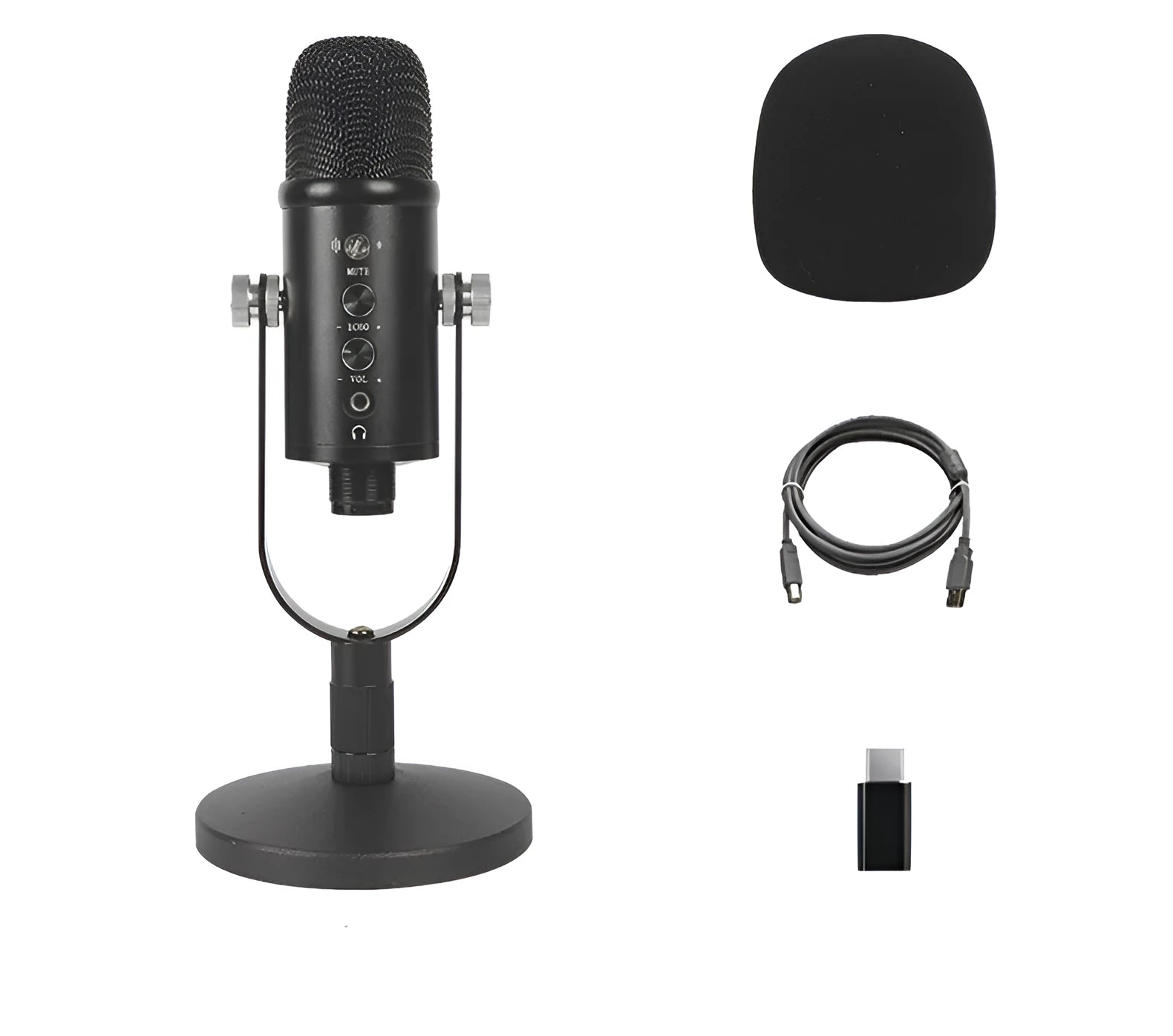 Black USB condenser microphone on metal base with sponge cover for live streaming and recording